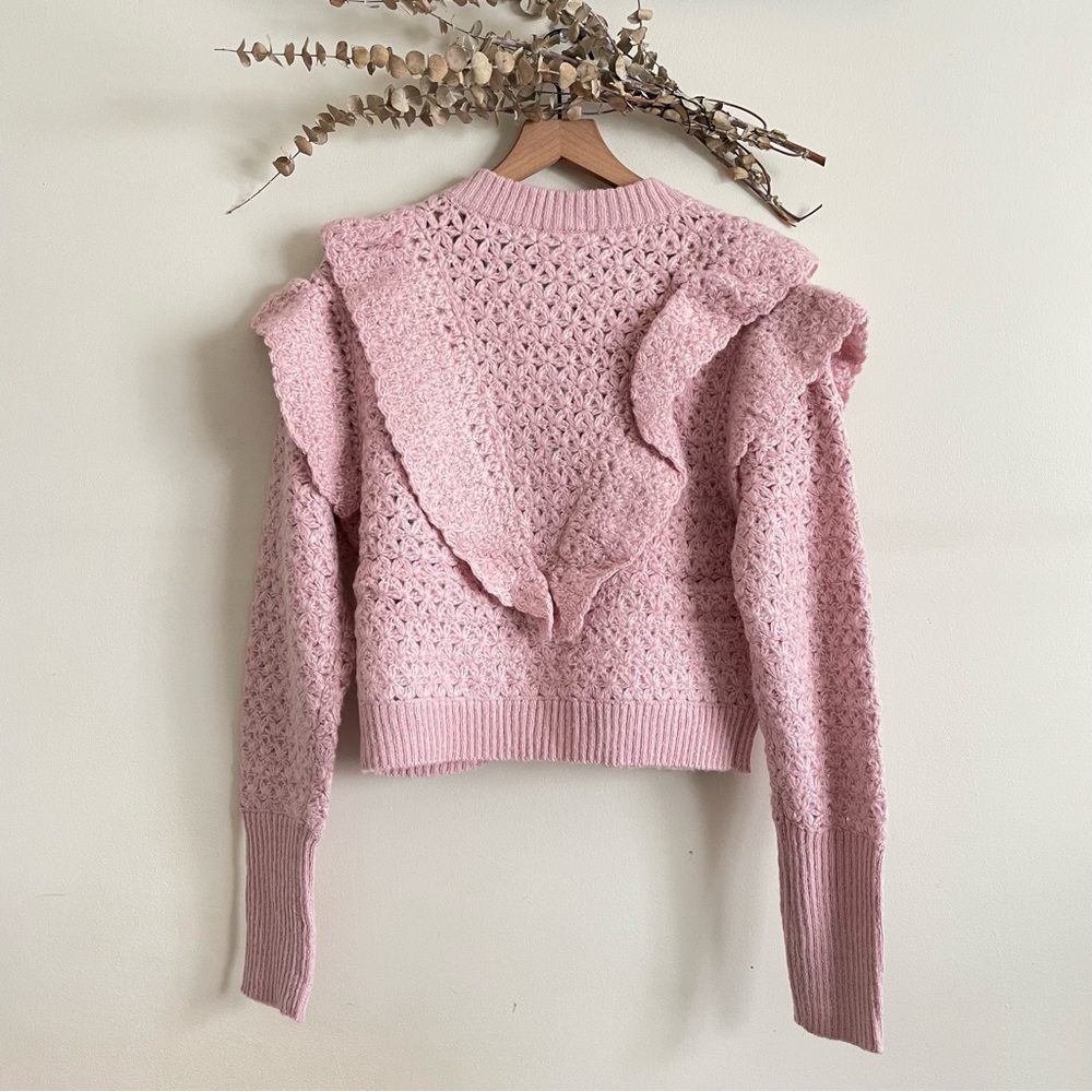 Farm Rio Pink Flower Texture Crochet Knit Ruffle Cardigan Sweater NWT Small - Picture 8 of 16